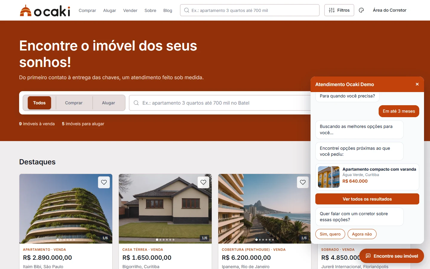 Chat de atendimento do site demo mostrando um imóvel sugerido e a opção de falar com o corretor