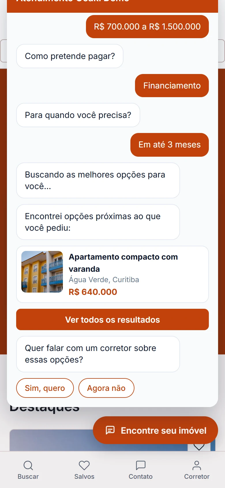 Chat no celular com imóvel sugerido ao visitante e convite para falar com o corretor