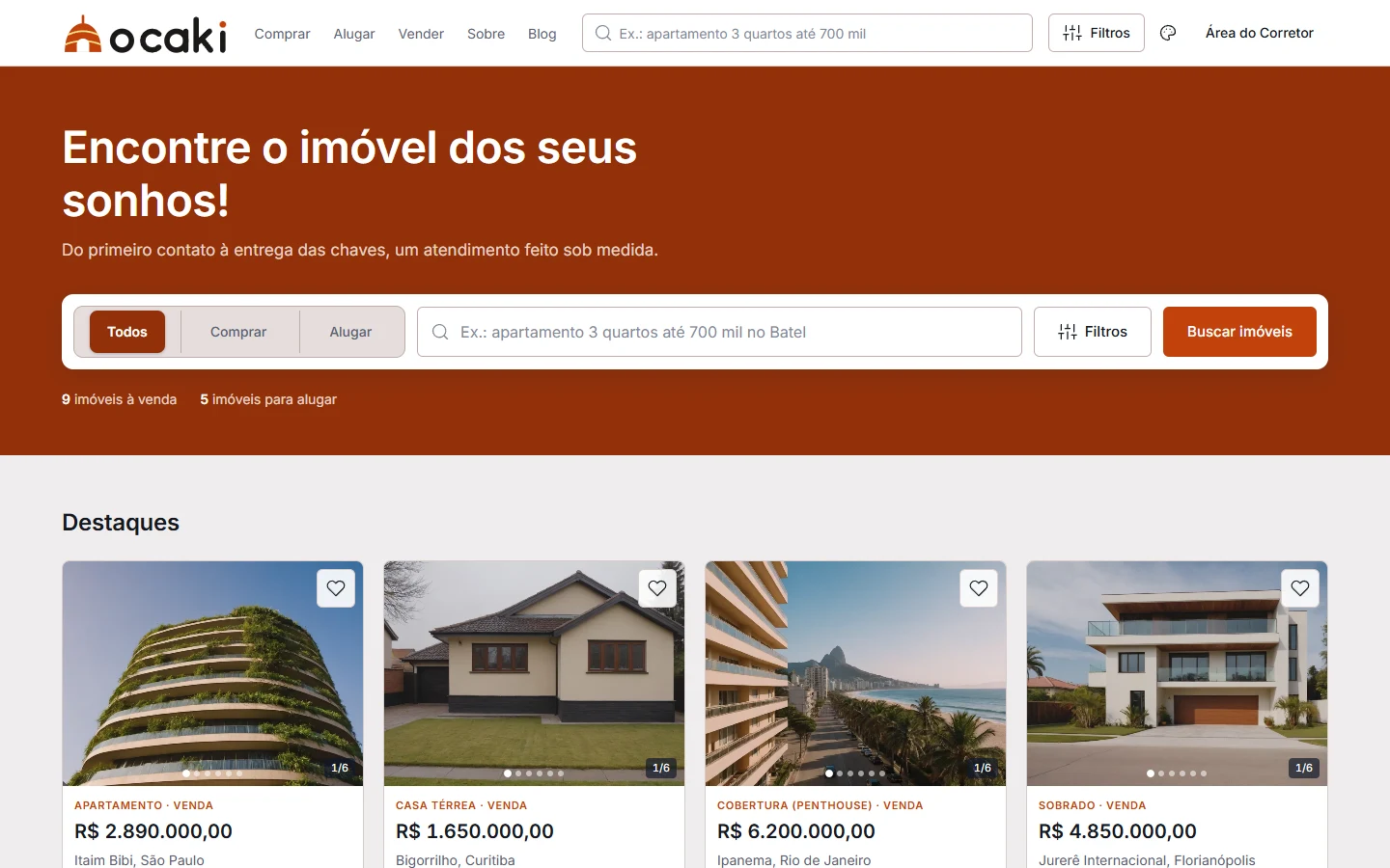 Página inicial do site demo com busca de imóveis e botão do chat
