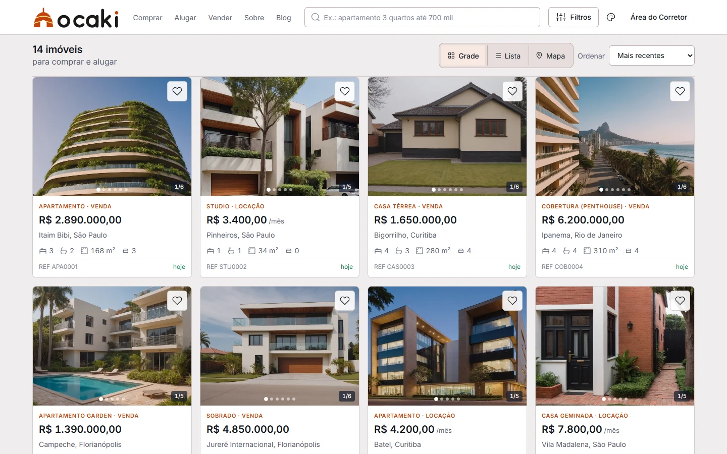 Listagem de imóveis em grade com filtros